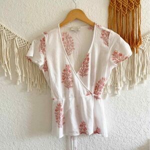 Lucky Brand White Wrap Blouse with Pink Floral Print